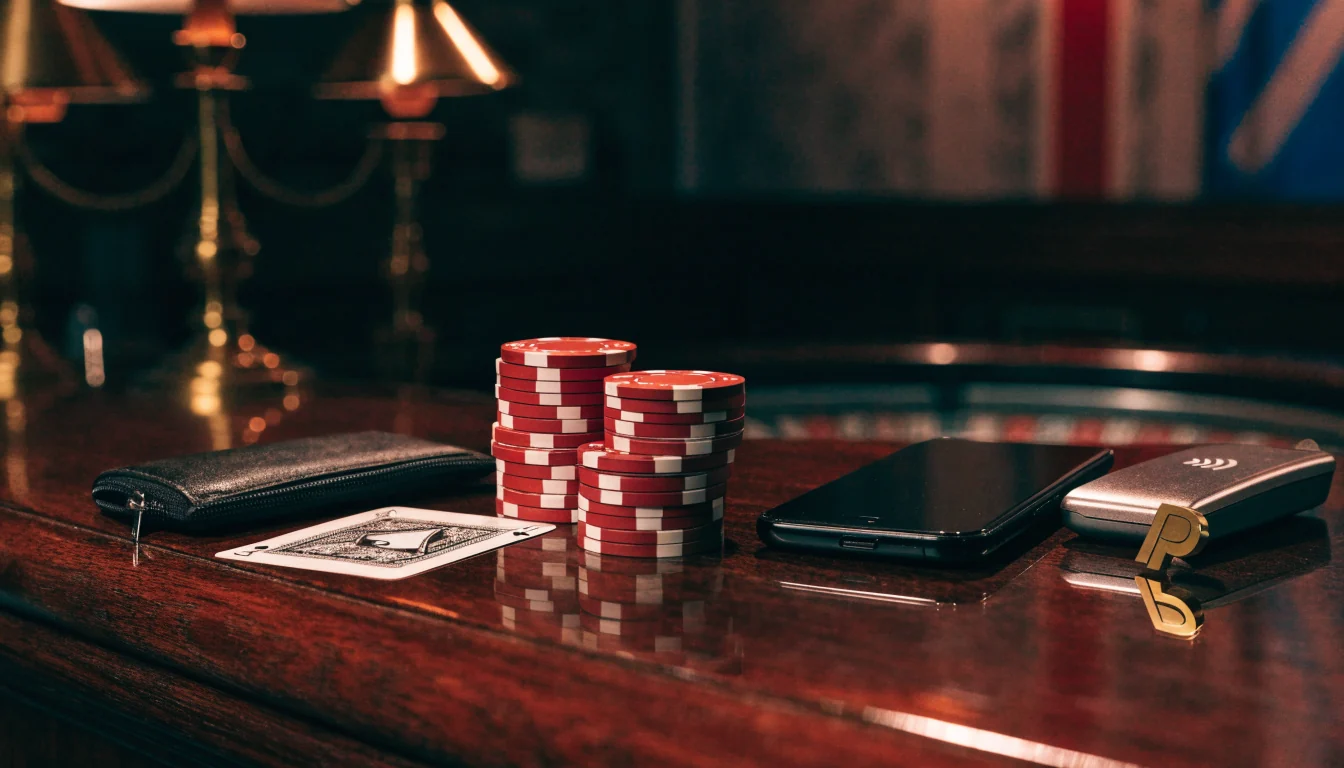 Casino cashier desk with chips, card, and payment terminal in London setting