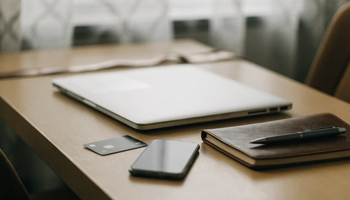 Minimalist desk with closed laptop, bank card, face-down smartphone, and notebook in soft British daylight.