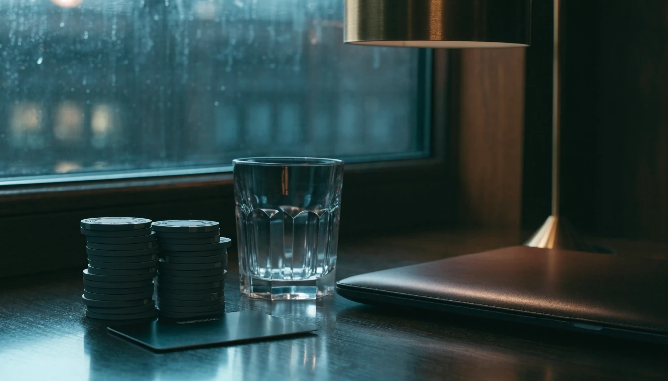 Premium Revolut-style card beside casino chips on a desk in a London flat
