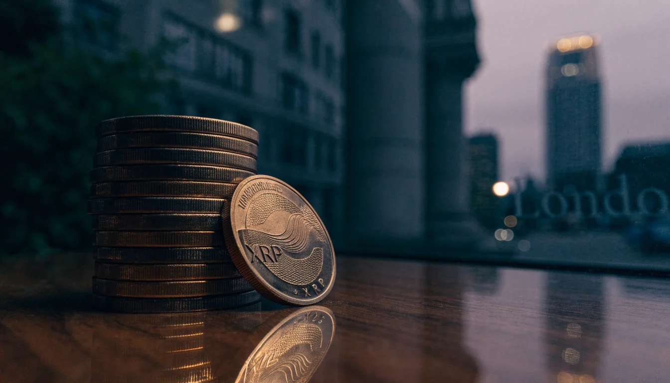 Casino chips beside an XRP coin with a blurred London skyline at dusk