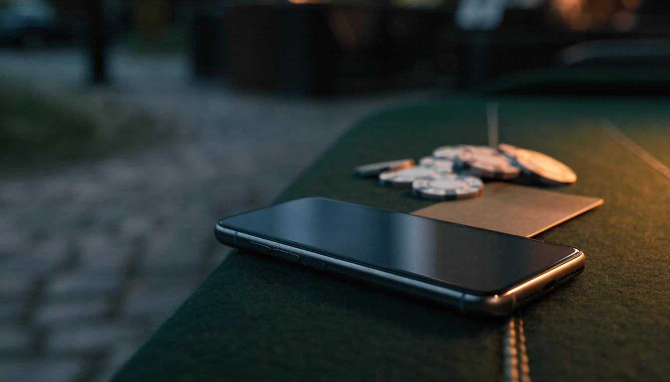Smartphone face-down on dark felt surface beside casino chips and a card