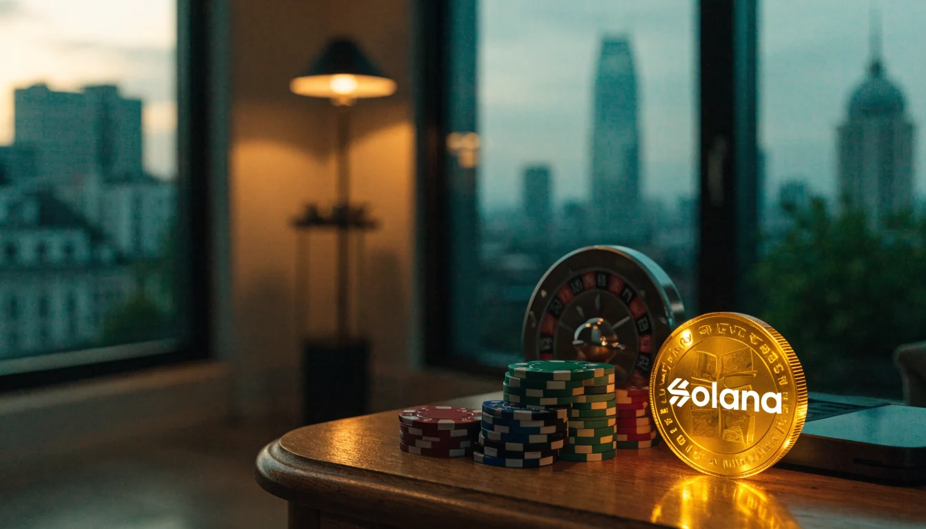 Casino chips, roulette detail, and a glowing Solana coin on a London apartment table at dusk.