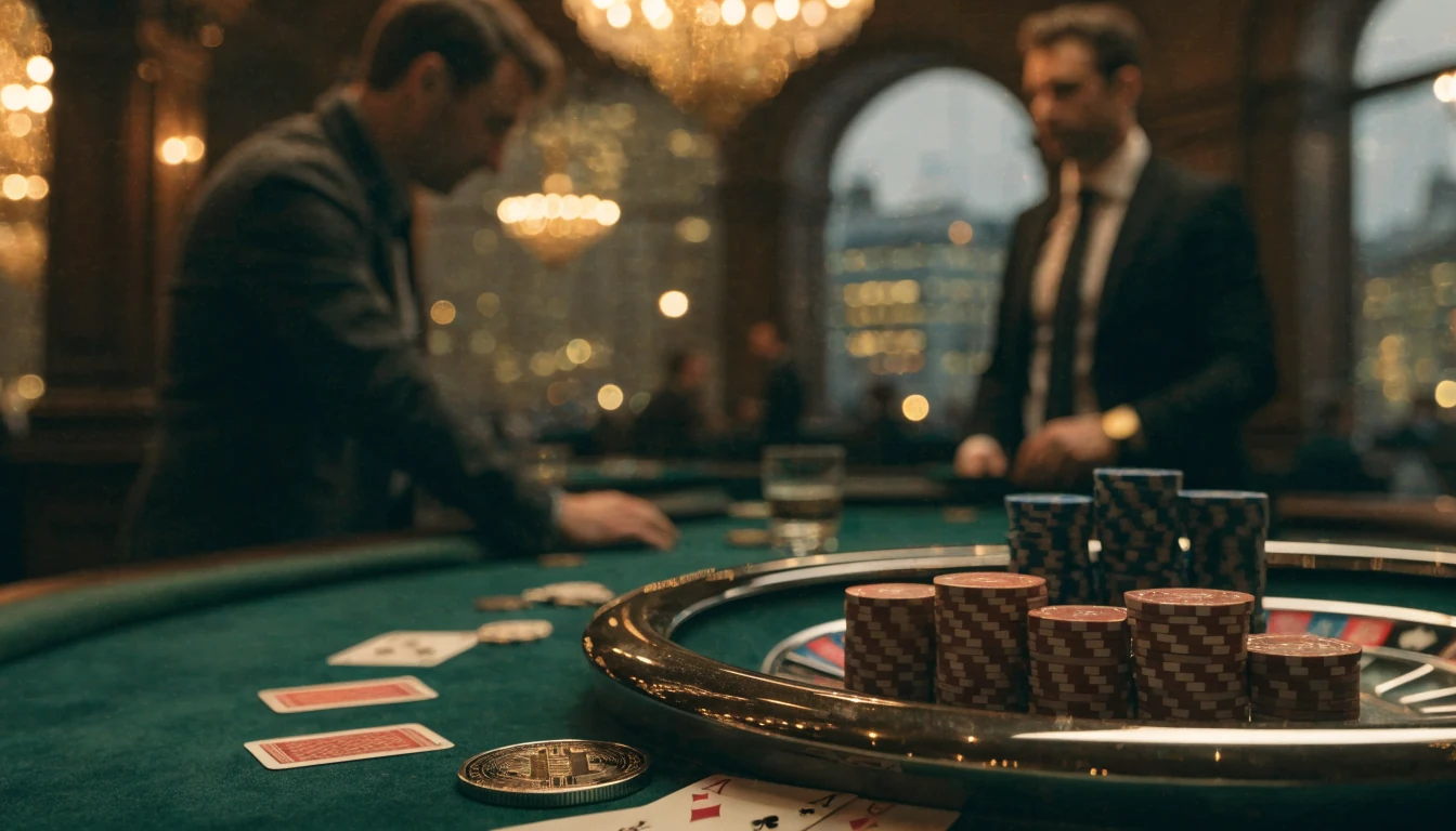 Metallic cryptocurrency coin on green casino felt table with chips and roulette wheel