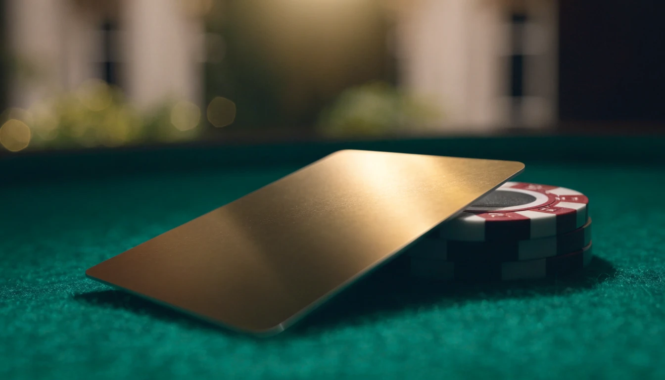 Premium payment card on green casino felt beside stacked chips, moody lighting