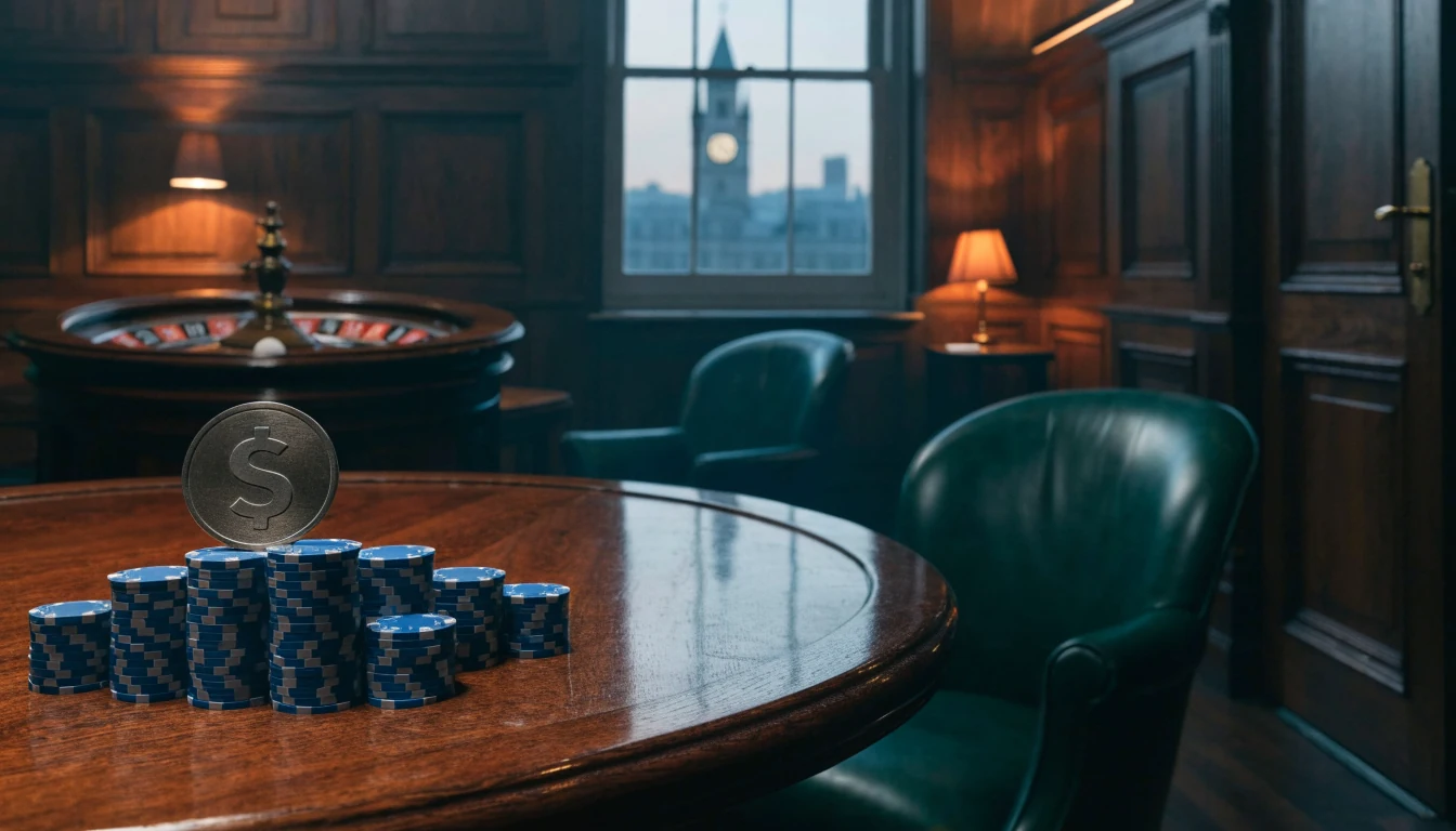 Blue casino chips, a roulette wheel and a stablecoin disc on a mahogany table inside a London club