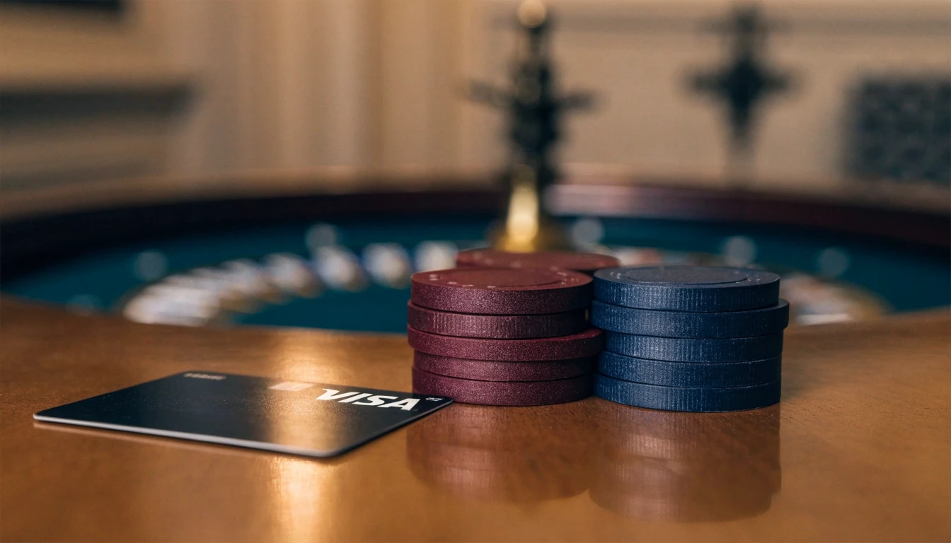 Visa debit card beside stacked casino chips with a roulette wheel in background