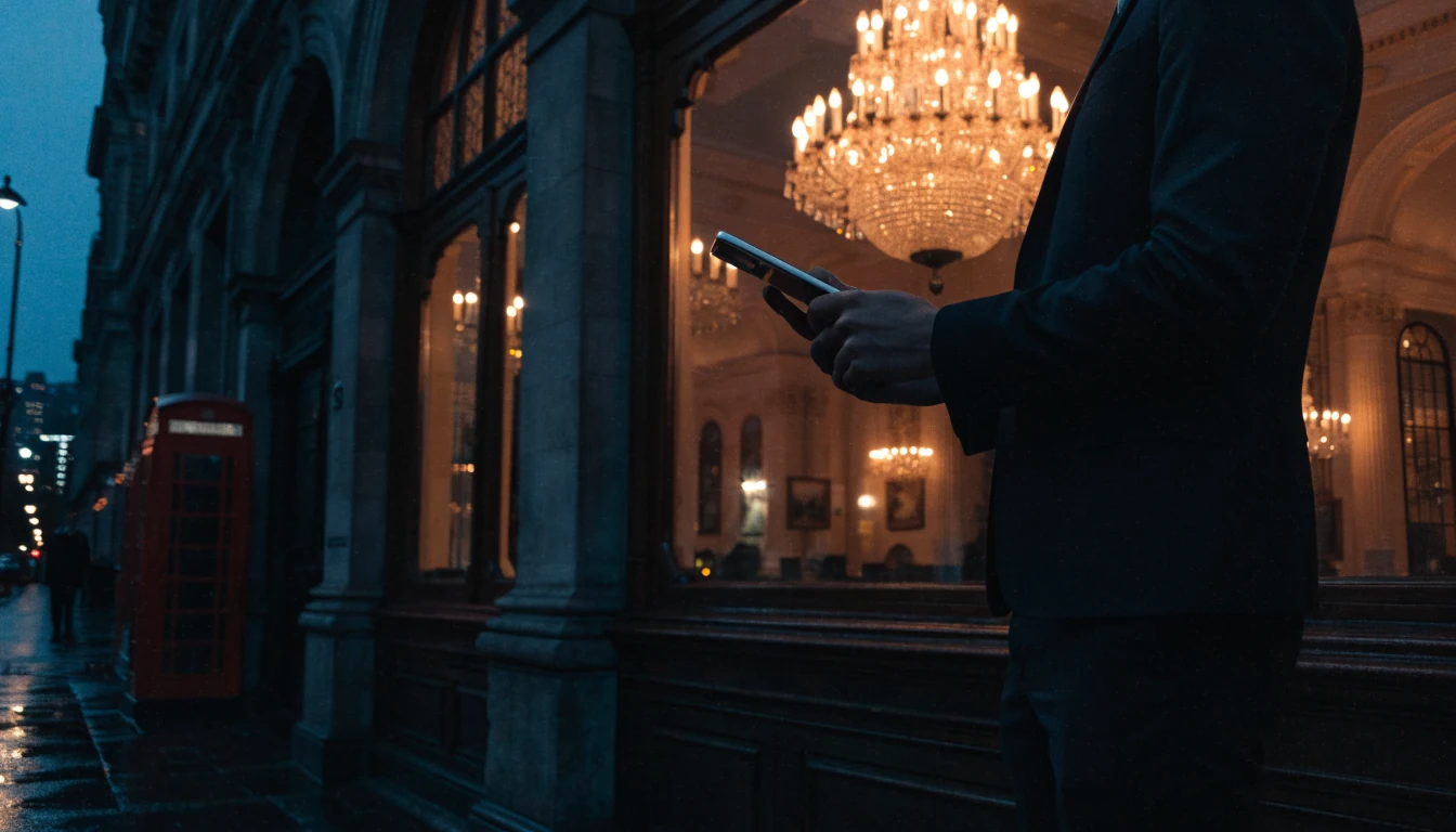 Elegant UK casino exterior at night with a person holding a smartphone, suggesting digital payment in London.