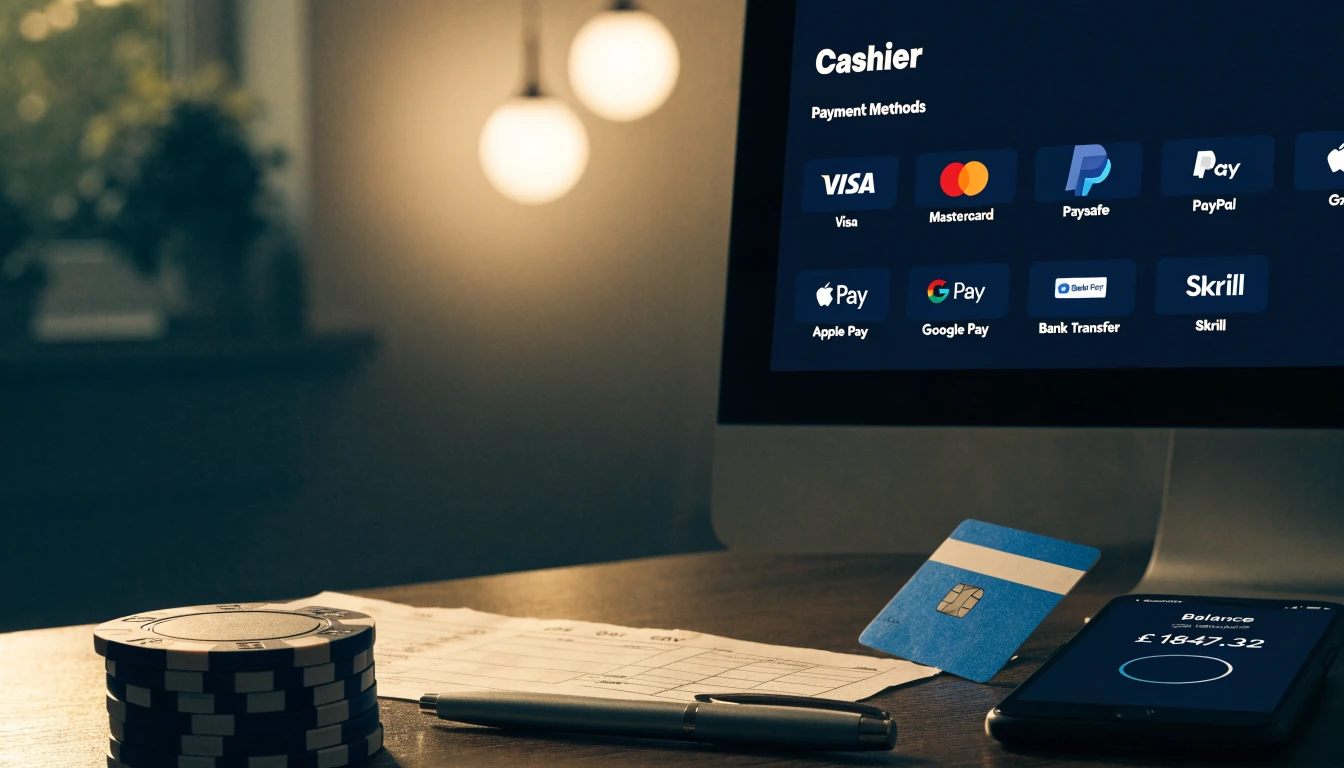 Casino cashier desk with monitor, UK debit card, chips and deposit slip