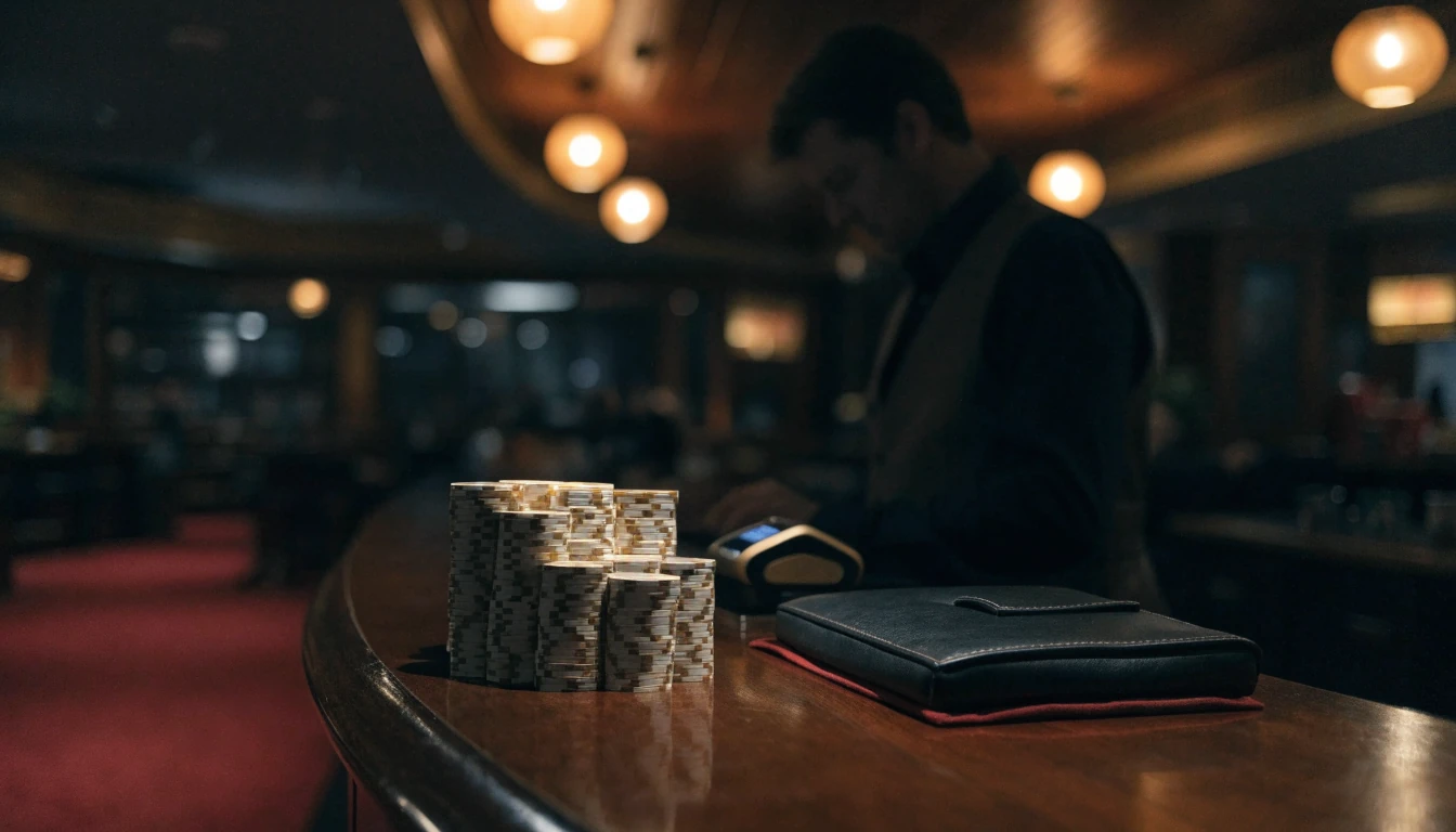 Dimly lit UK casino cashier booth with payment terminal and stacked chips on counter