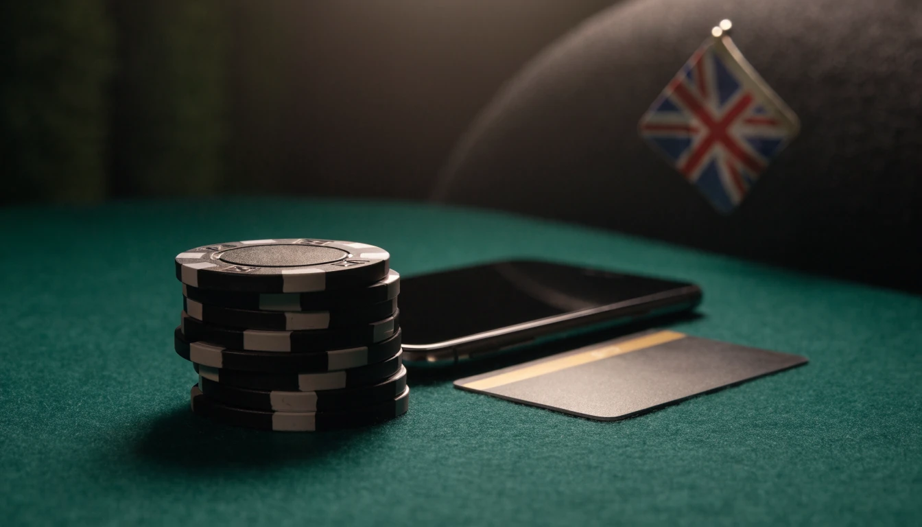Casino chips, payment card, and smartphone on green felt with UK flag
