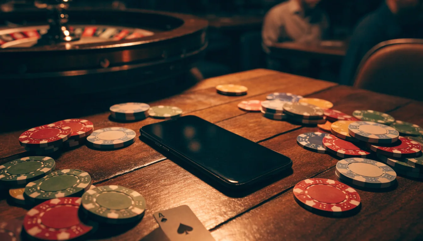 Smartphone face-down on a pub table with casino chips, playing card, and roulette wheel nearby
