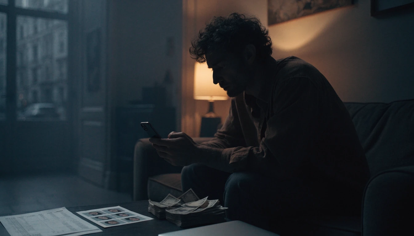 Player reviewing documents and smartphone by lamplight in his UK home.