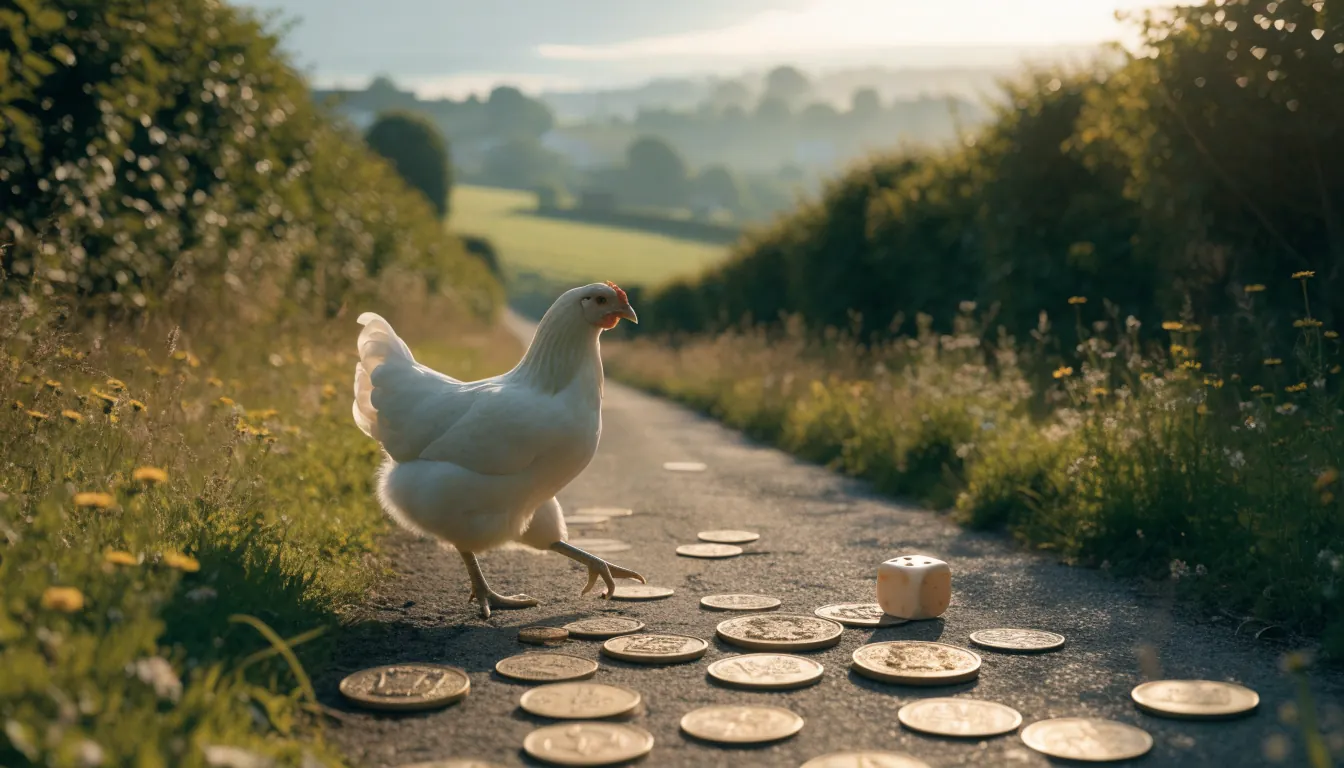 White hen crossing a British country lane with scattered antique brass tokens
