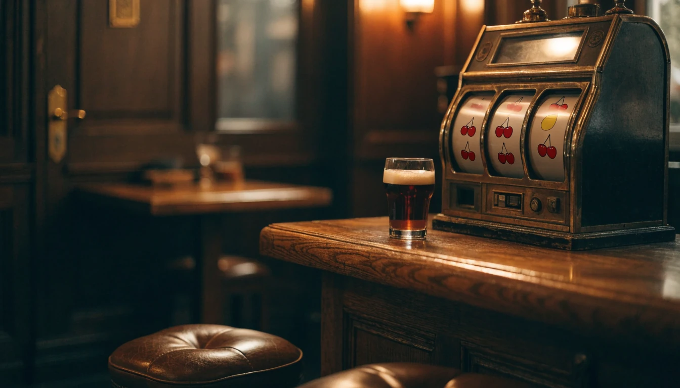 Vintage three-reel slot machine on a pub counter in a traditional British setting