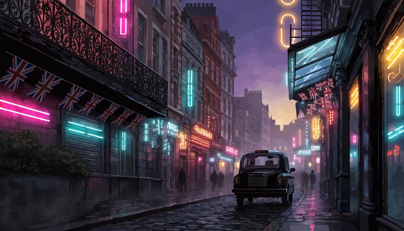 Stylized illustration of a London entertainment street at dusk with neon-lit gaming lounges and cluster-patterned architecture.