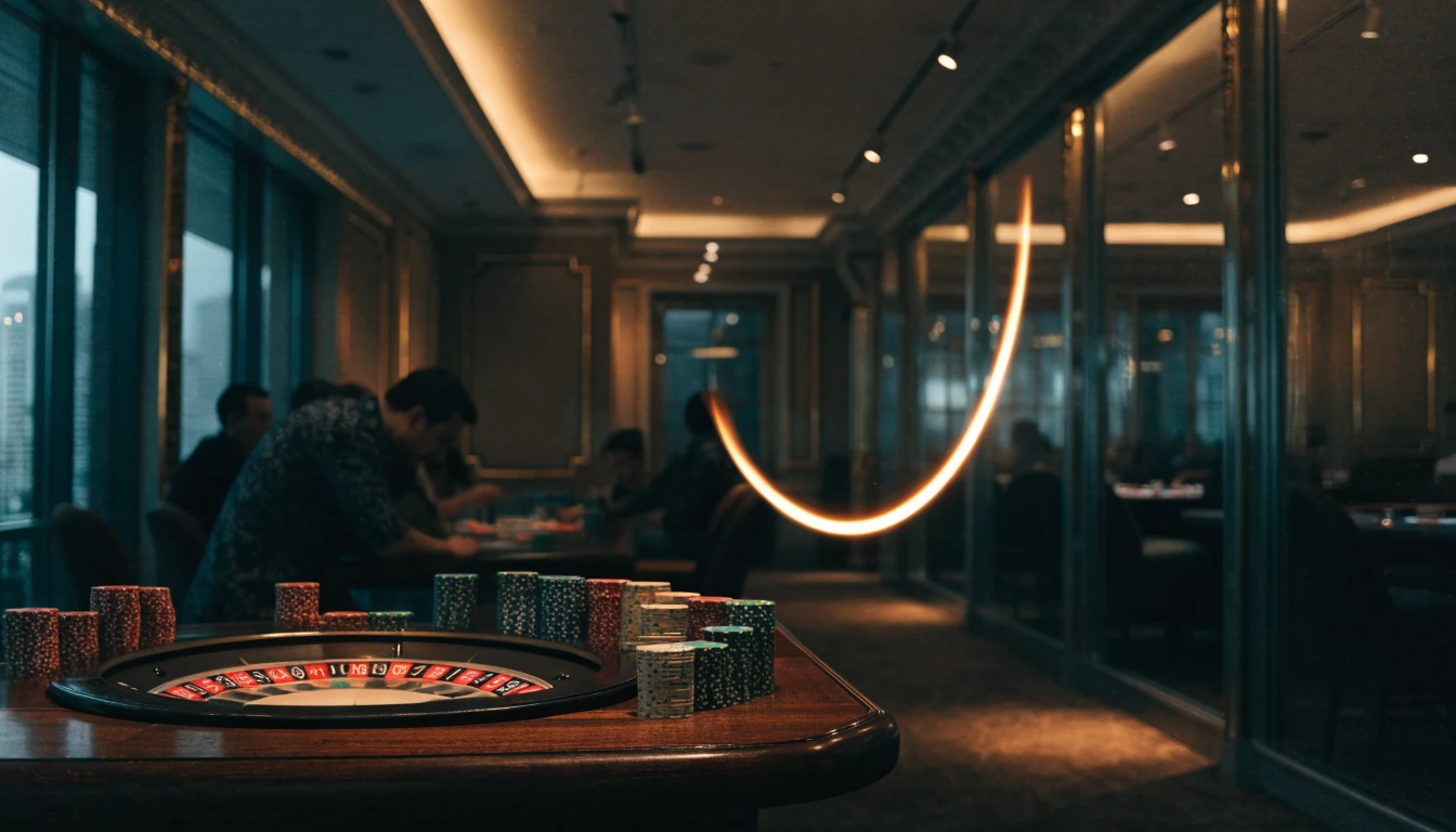 Modern UK casino interior with chip stacks and a glowing curve suggesting a crash multiplier