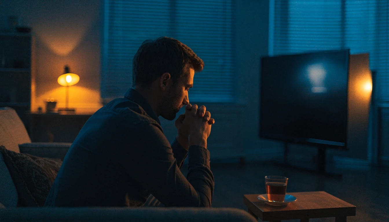 Person watching turned-away TV in a cozy British living room at night