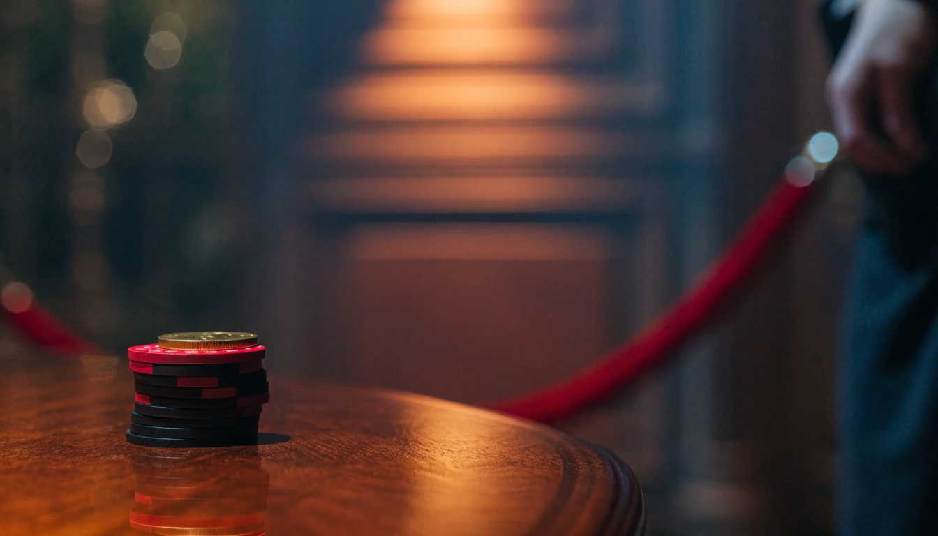 Casino chips and gold coin on a mahogany table under amber light