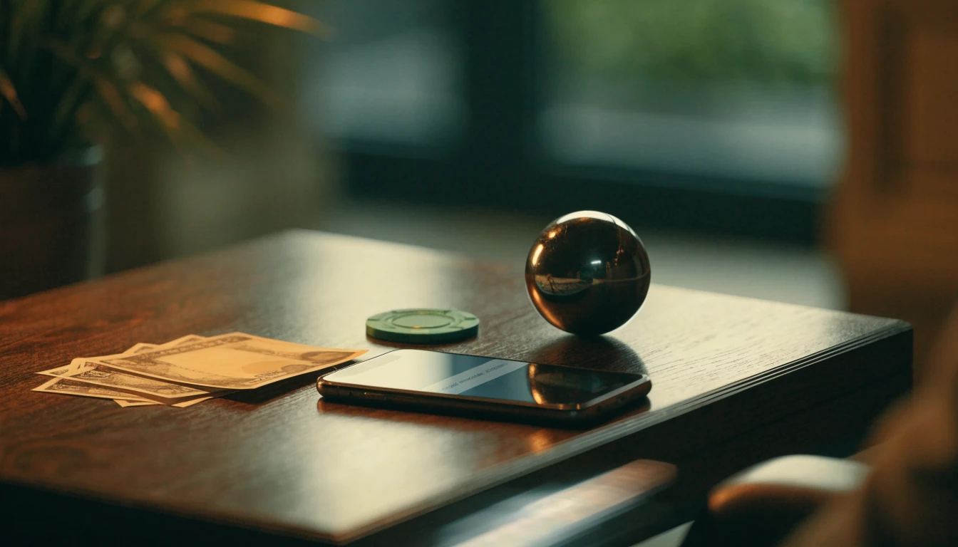 Smartphone notification glow, British pounds and a casino chip on a London table