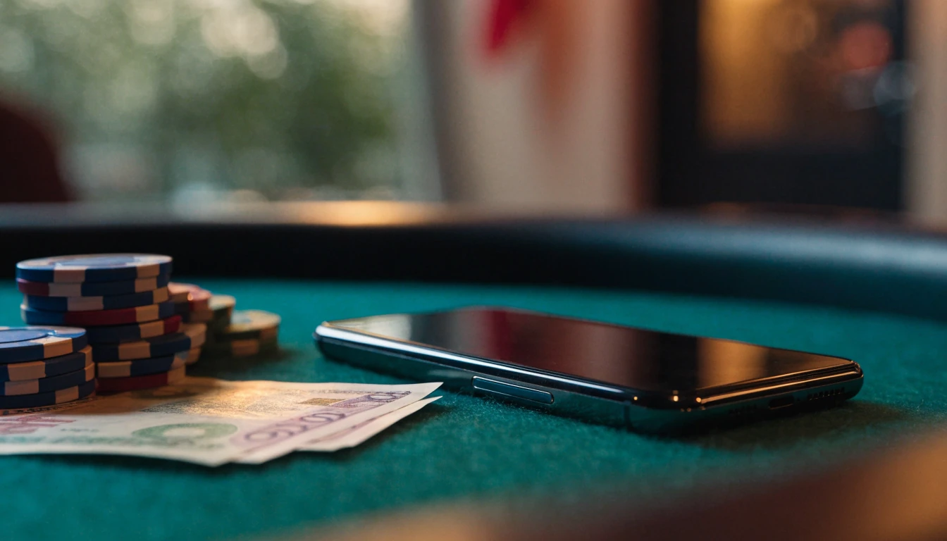 Smartphone on green felt casino table with British pounds and stacked chips