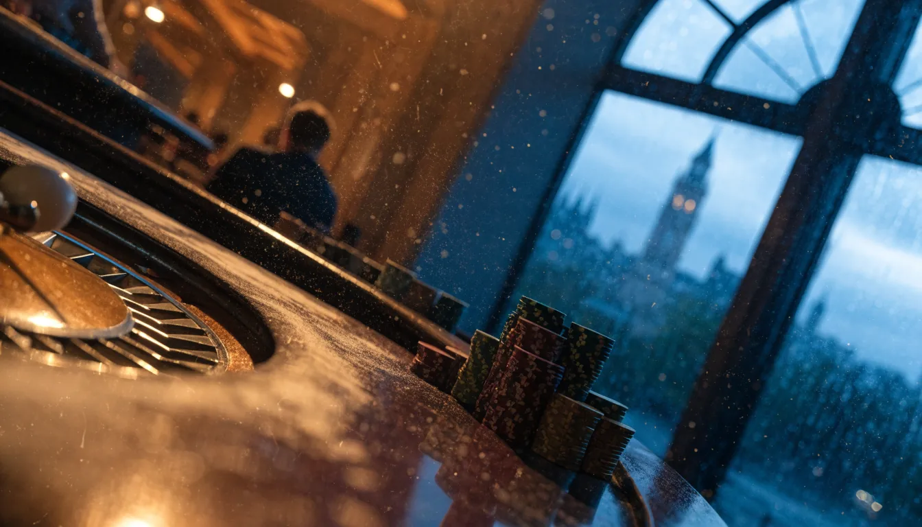 Moody British casino lounge with roulette table and golden sparkles at twilight