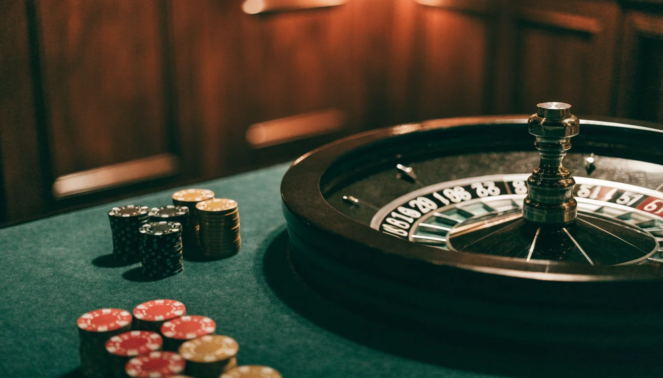 Elegant French roulette wheel with chips on green felt in moody casino lighting