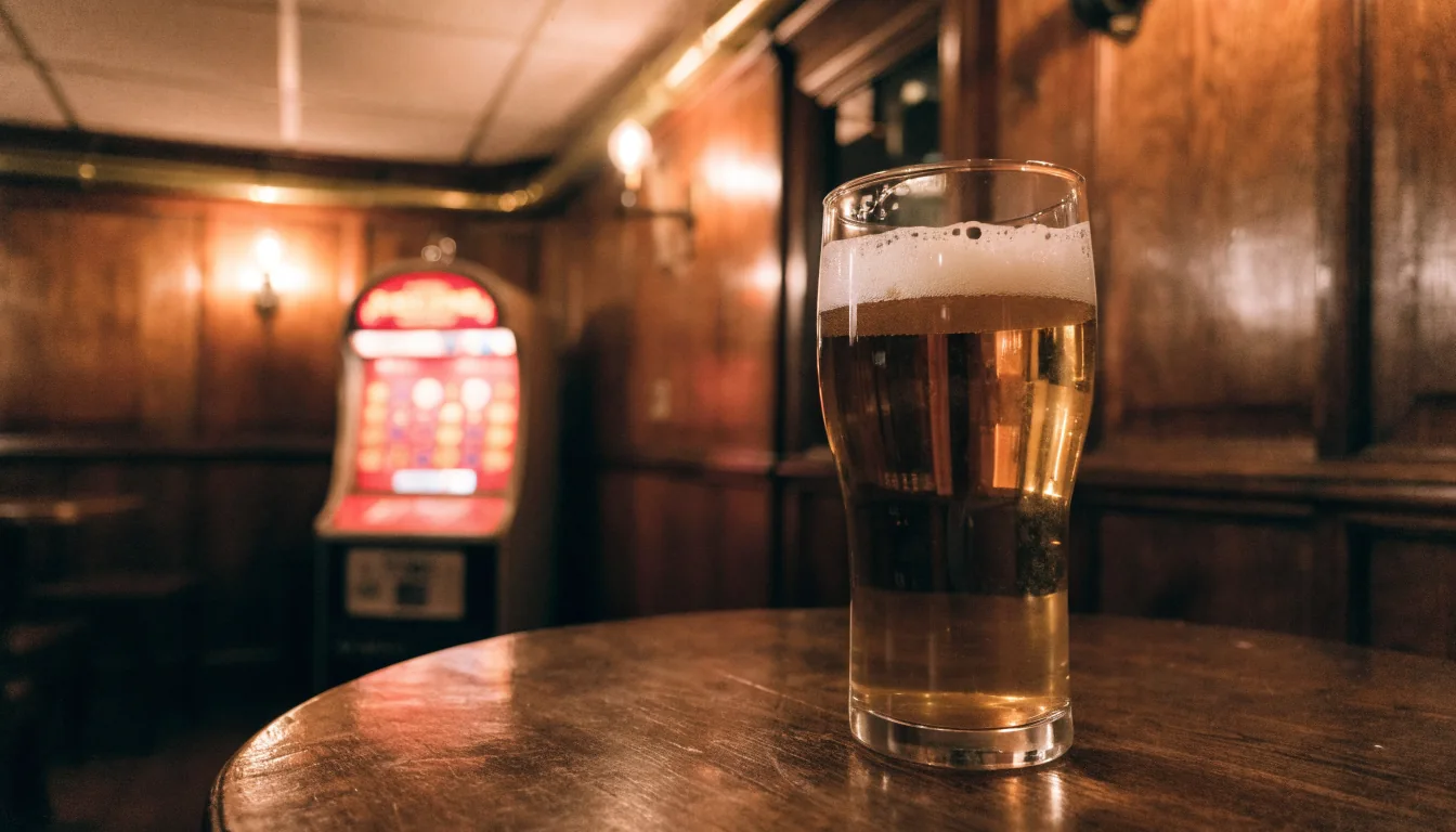 Traditional British pub interior with pint of ale and vintage fruit machine cabinet glowing in the corner