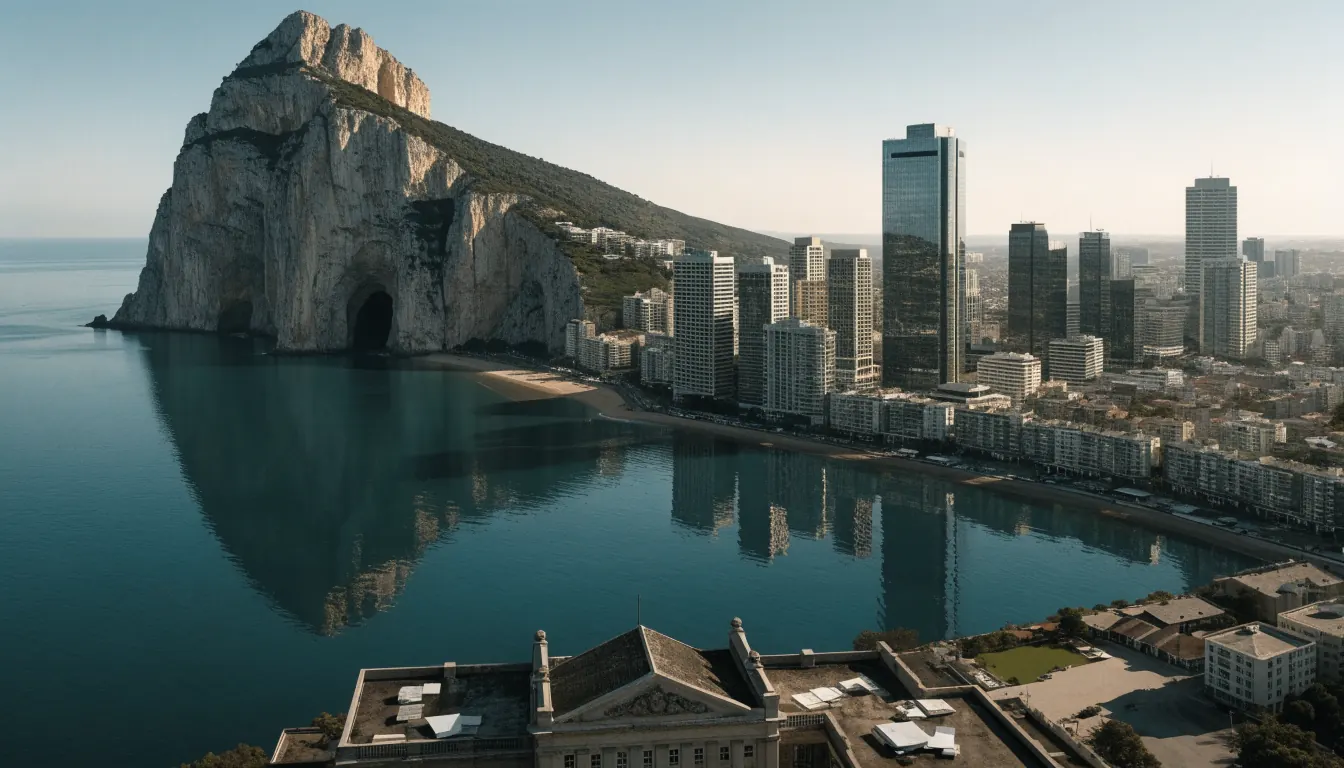 Gibraltar coastline overlooking the Rock and a British skyline
