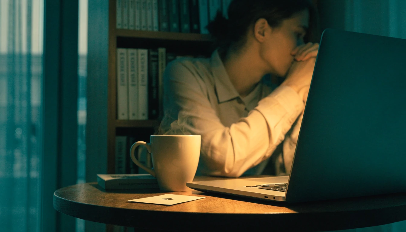 Person at a dimly lit table with a face-down card and a laptop, contemplating a search query.