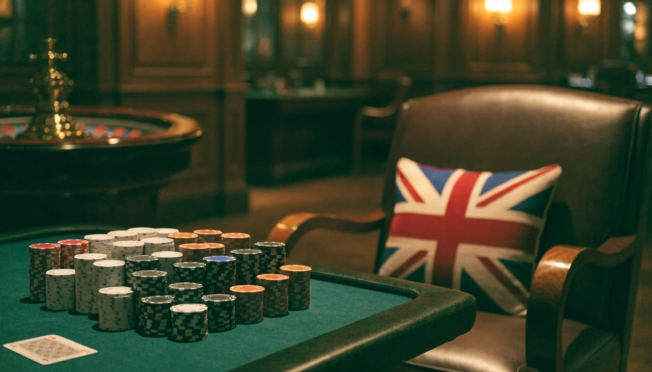Elegant British casino lounge with card table, chips, and roulette wheel in warm lighting.