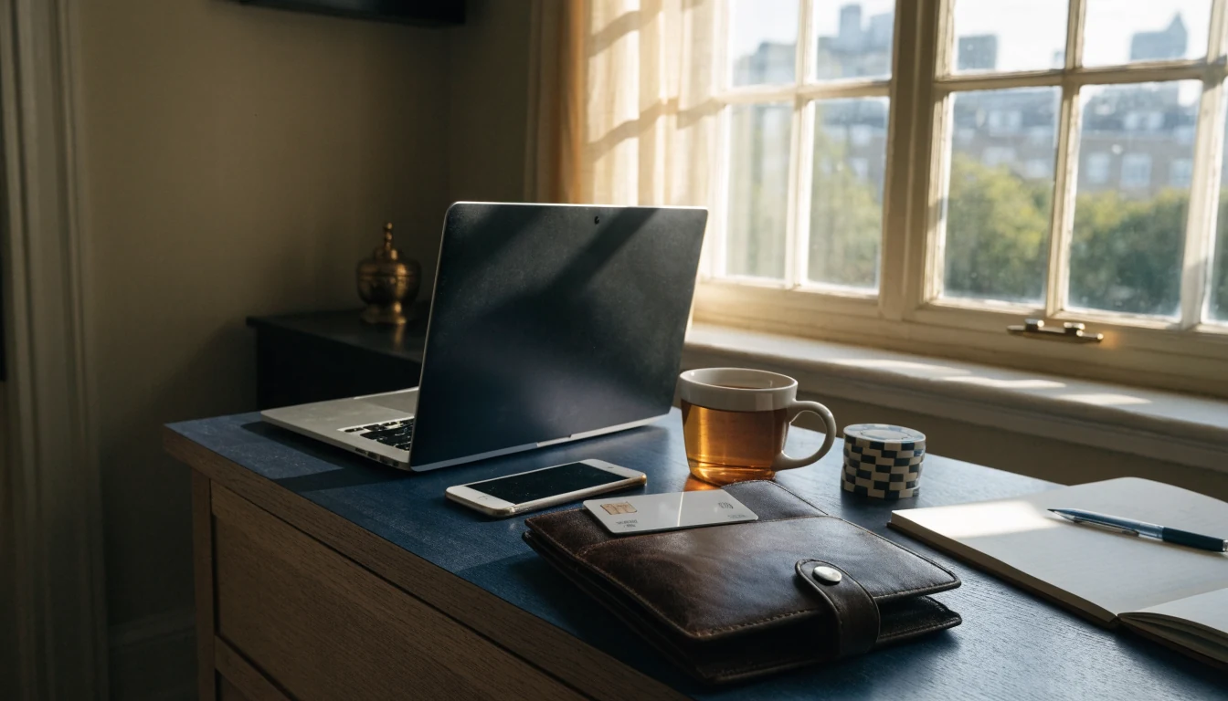 British home office desk with closed laptop, debit card, casino chips and a mug of tea