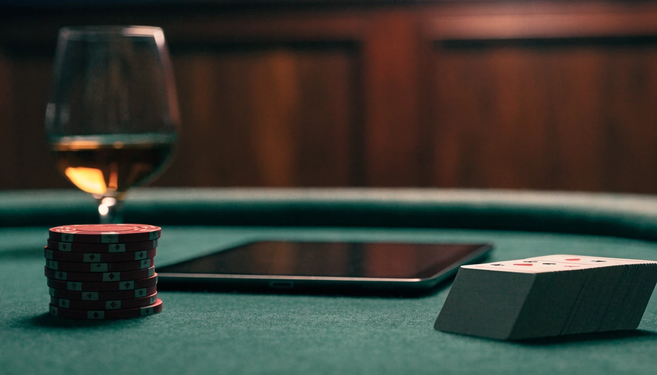 iPad on a casino table with poker chips and cards
