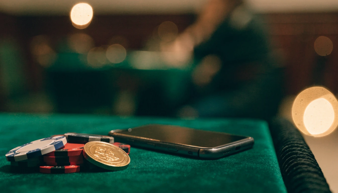 Smartphone on green casino table with chips and golden coin, UK gaming lounge atmosphere.