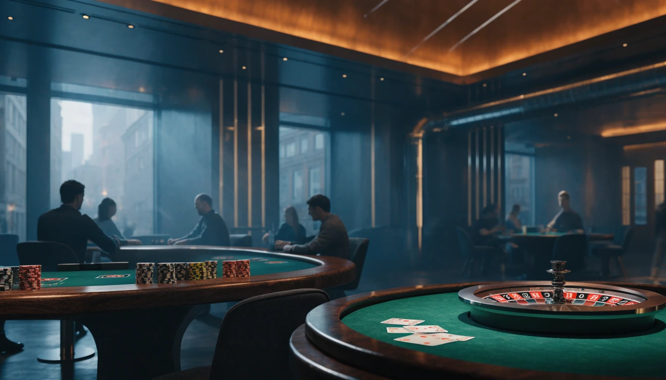 Modern British casino interior with chips, roulette and jet trail motif