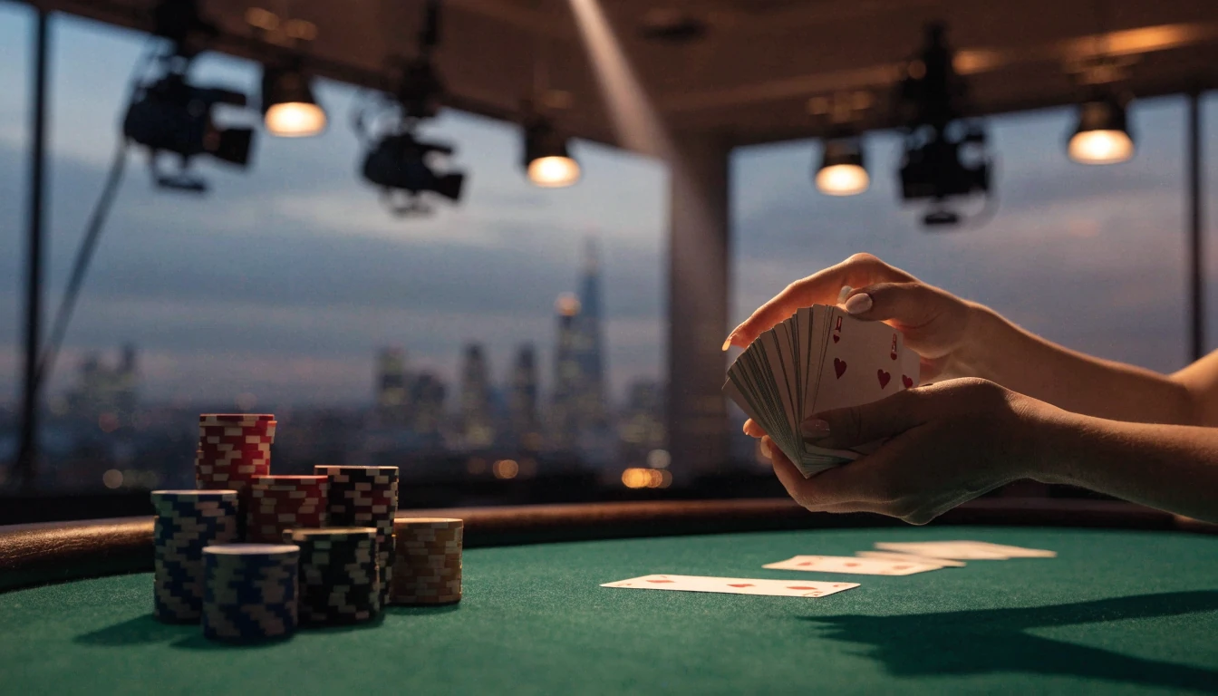 Live dealer blackjack studio with green table, chips and London skyline in background