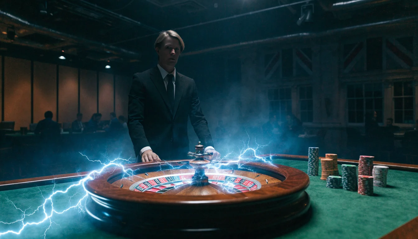 Lightning roulette wheel with electric bolts in a London live casino studio