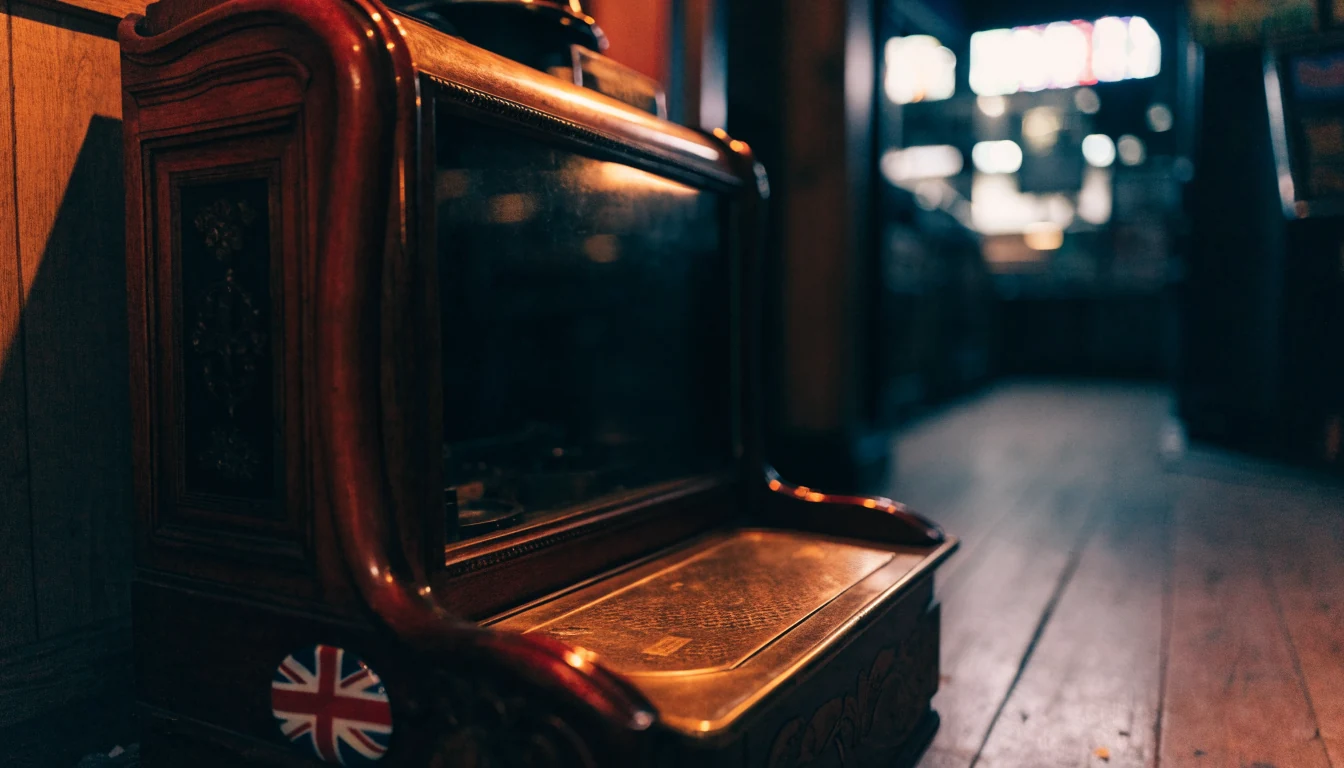 Classic British arcade slot machine glowing warmly in a dim gaming venue