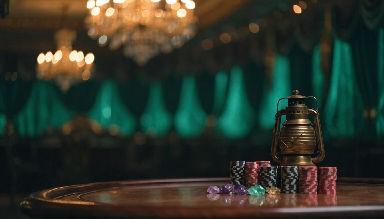 Dim casino lounge table with stacked chips, raw gemstones, and a glowing brass miner's lantern.