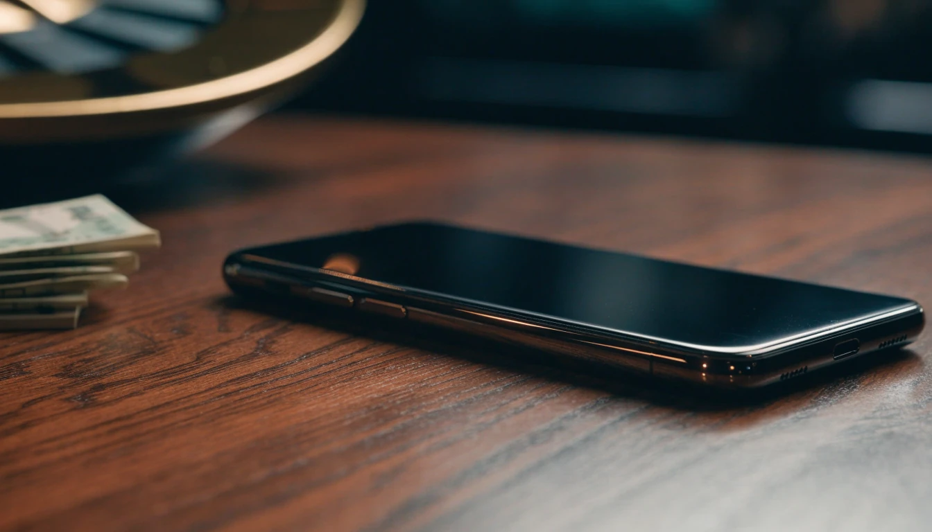 Smartphone near casino chips and roulette wheel on dark surface