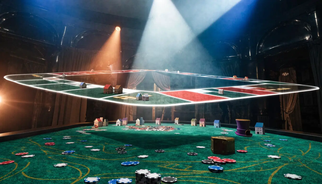 Live casino studio with floating Monopoly board, casino chips, and theatrical lighting