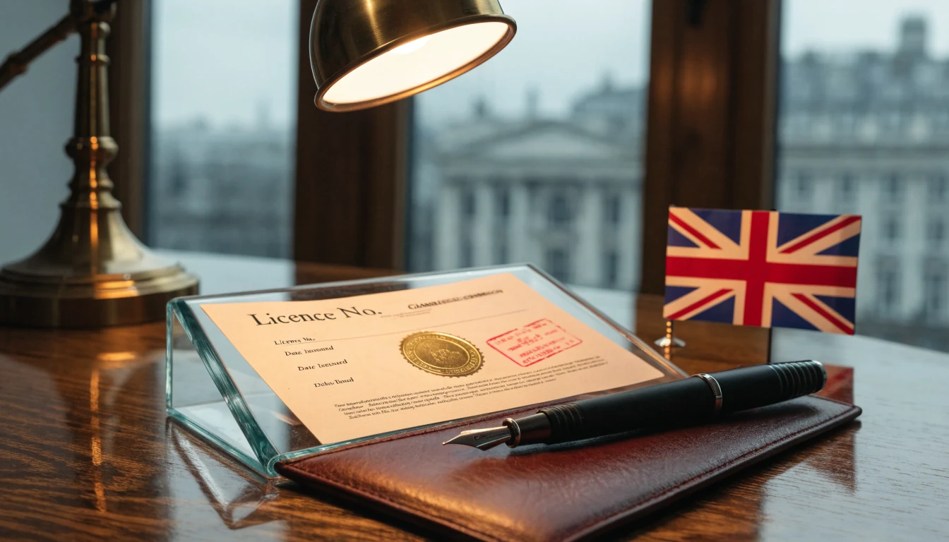 UK Gambling Commission licence certificate on a wooden desk with Union Jack detail