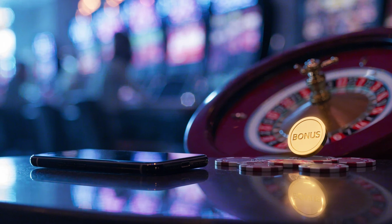 Modern casino scene with chips, roulette, and a hidden smartphone suggesting no-deposit bonuses