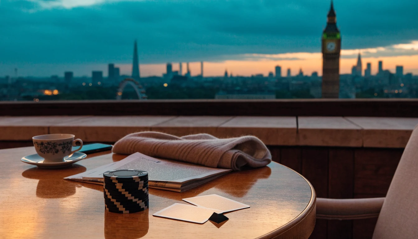 London rooftop terrace at dusk with face-down phone, casino chips, cards and city skyline