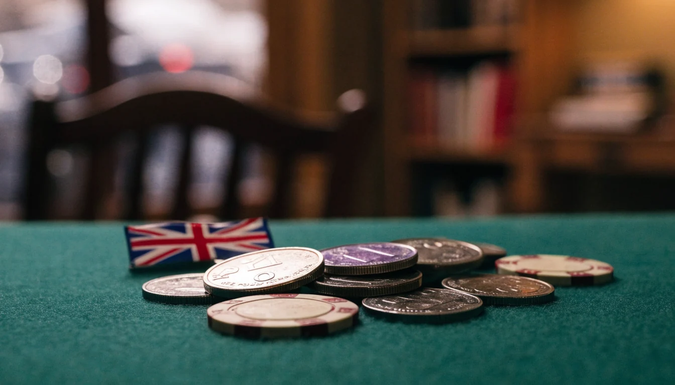 British pound coins and casino chips on green felt in a warm lounge setting