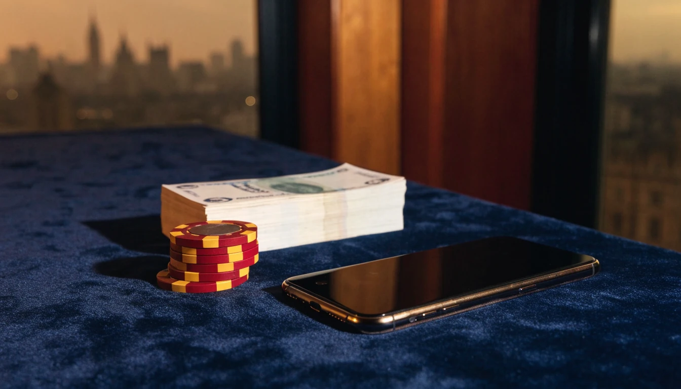 Smartphone face-down beside British pounds and casino chips in an elegant lounge.