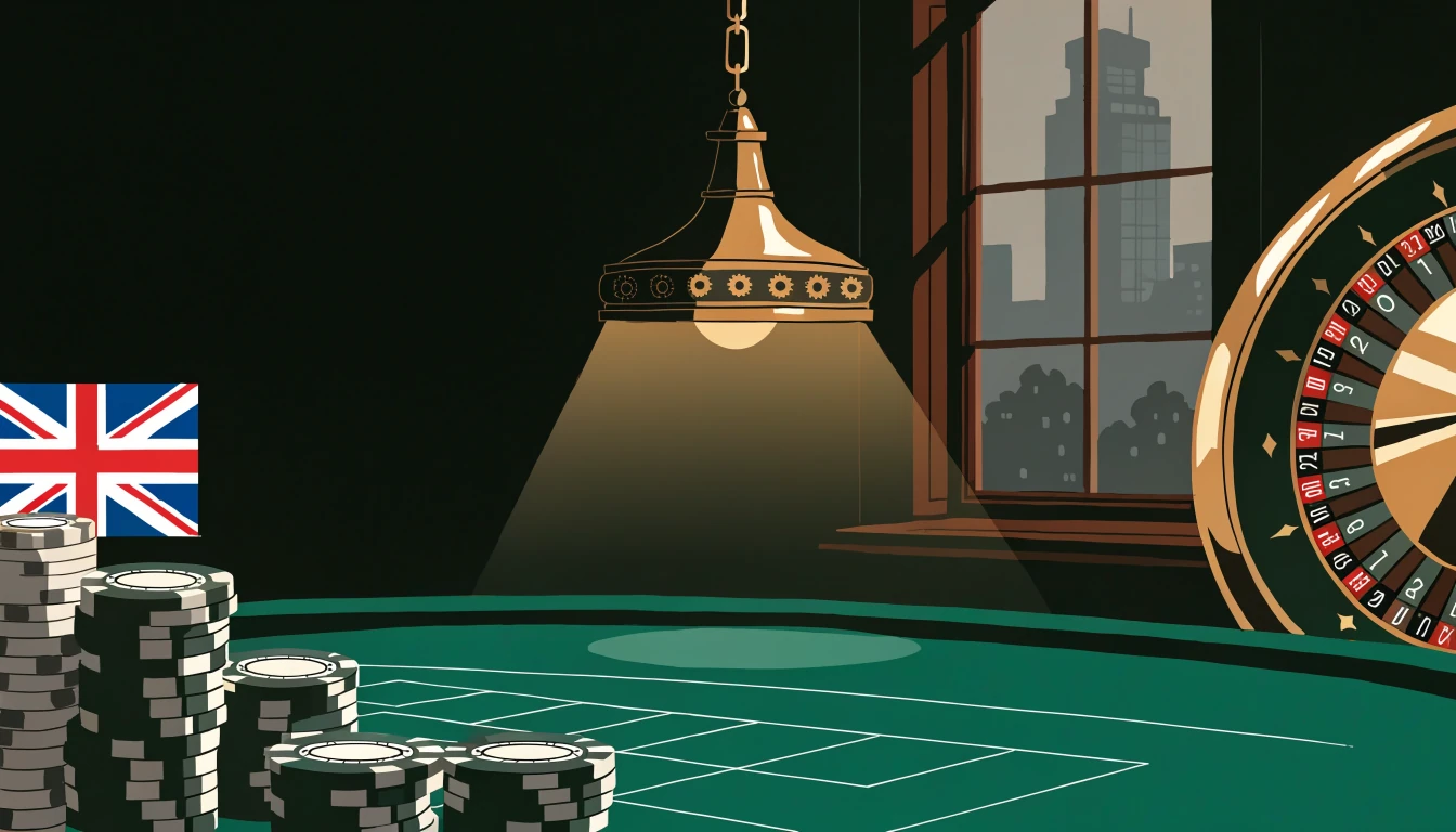 British casino scene with chips, roulette wheel and Union Jack on a green felt table