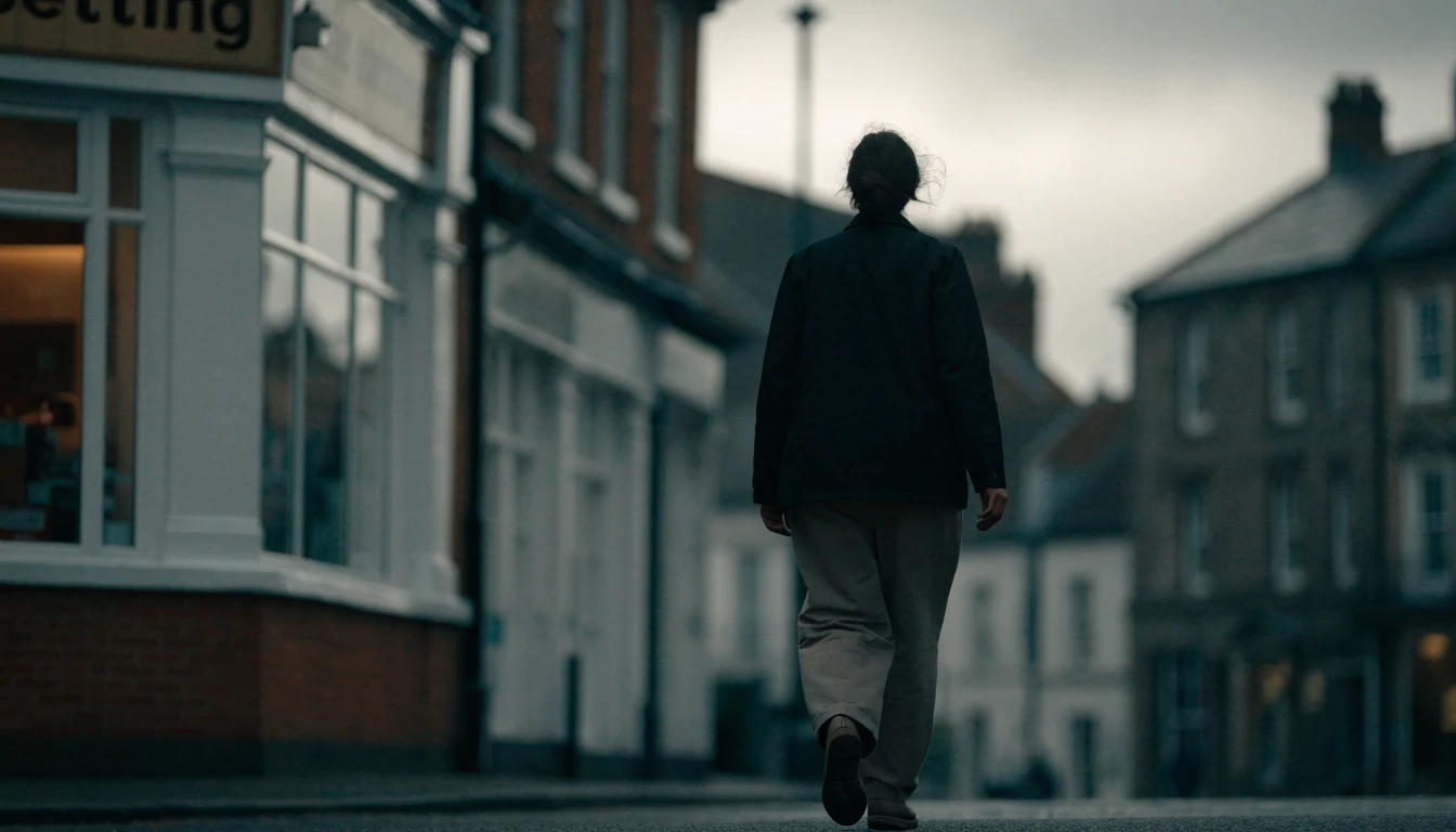 Person walking past a UK betting shop on an overcast British high street