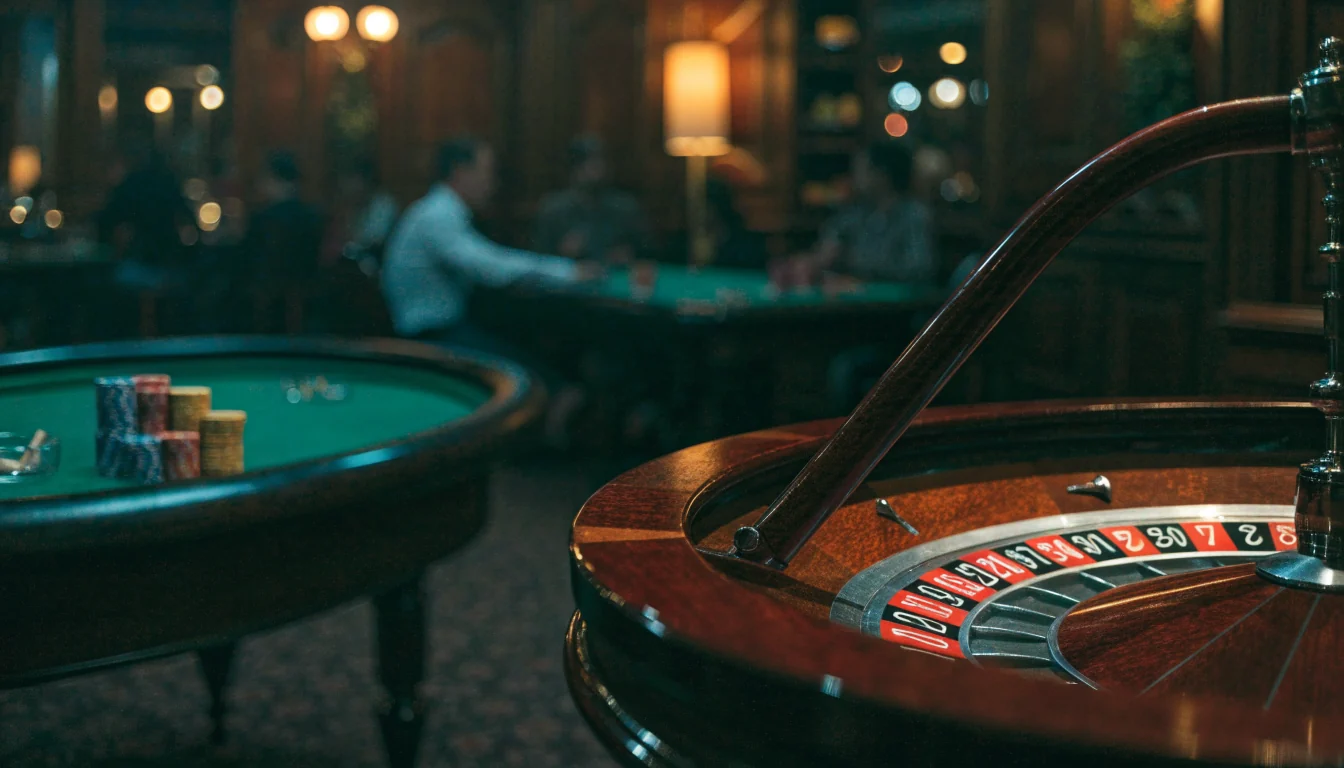 Elegant European casino interior with roulette wheel and chips on a green table