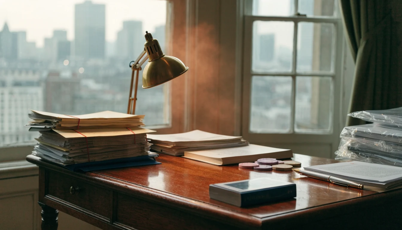 British office desk with official documents and casino chips by the window