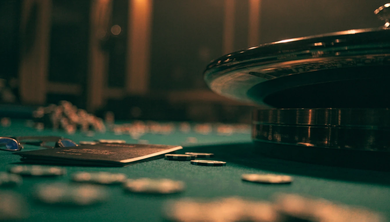 Dimly lit casino table with chips and roulette wheel, suggesting offshore gambling